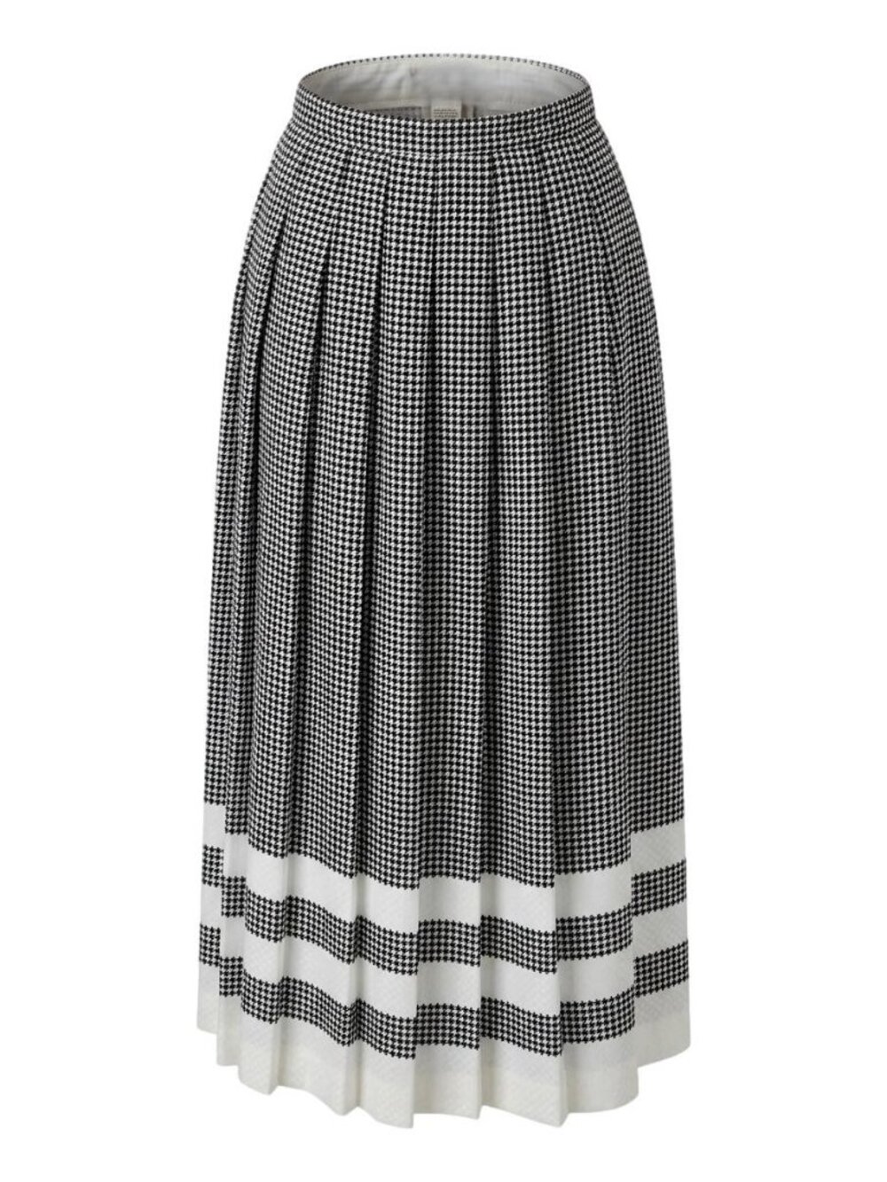 Vintage 70s  Houndstooth Pleated Midi Skirt Black White Preppy Office XS